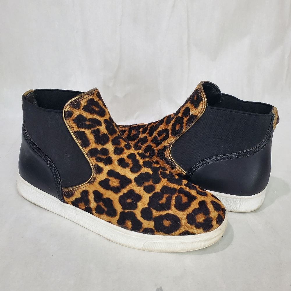 SAM EDELMAN MARGOT High Top Slip On Sneaker Shoe Dyed Real Cow Fur Leopard Print